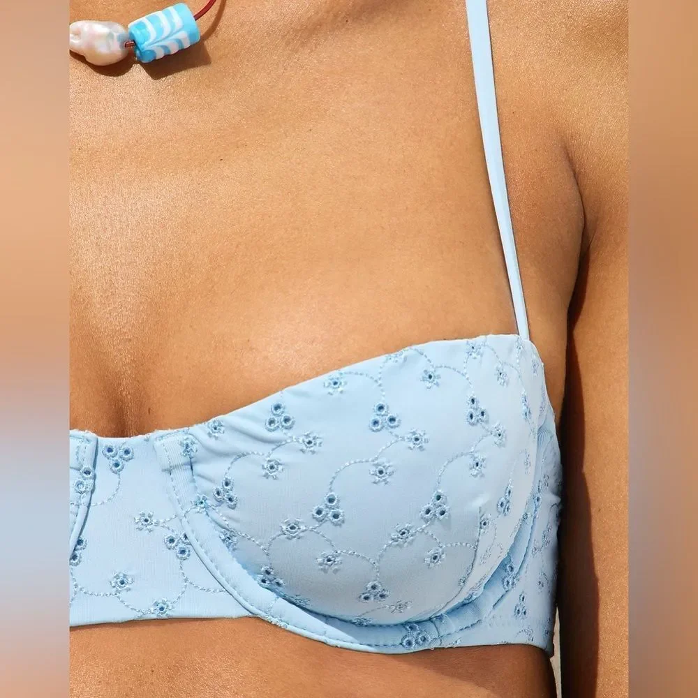 NWT J CREW Eyelet balconette underwire bikini top in “Calm Blue” size 32A
